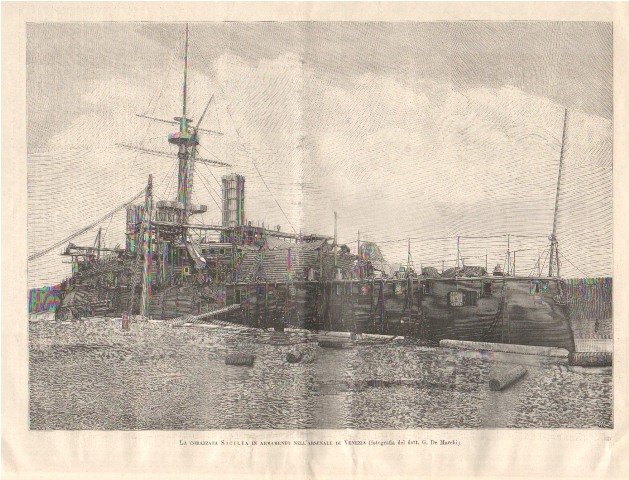 La corazzata Sicilia in armamento nell’arsenale di Venezia