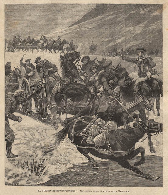 La guerra russo-giapponese - Artiglieria russa in marcia nella Manciuria