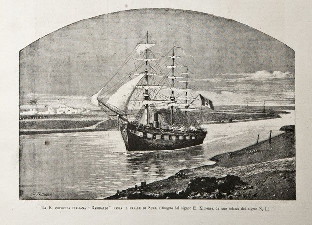 La R. corvetta italiana “Garibaldi” passa il canale di Suez