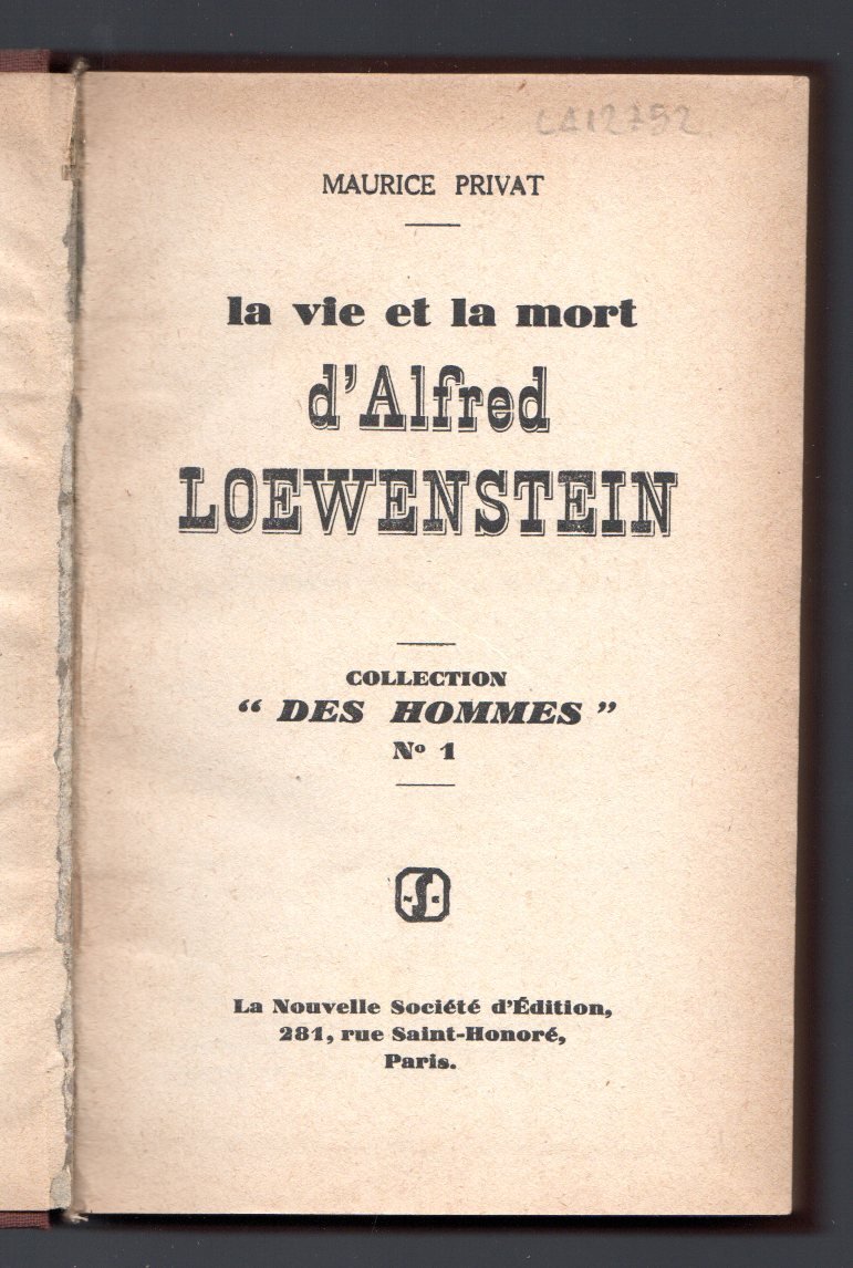 La vie e la mort d'Alfred Loewenstein