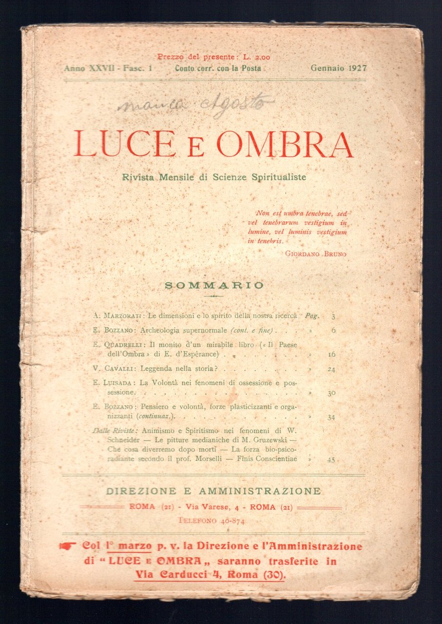 Luce e ombra. Rivista mensile di scienze spiritualiste