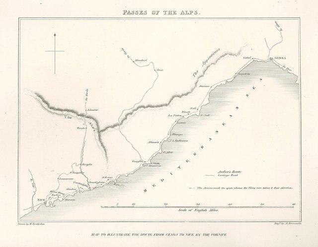 Map to illustrate the route from Genoa to Nice by …
