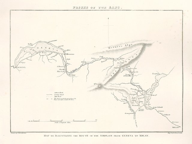 Map to illustrate the route of the Simplon from Geneva …