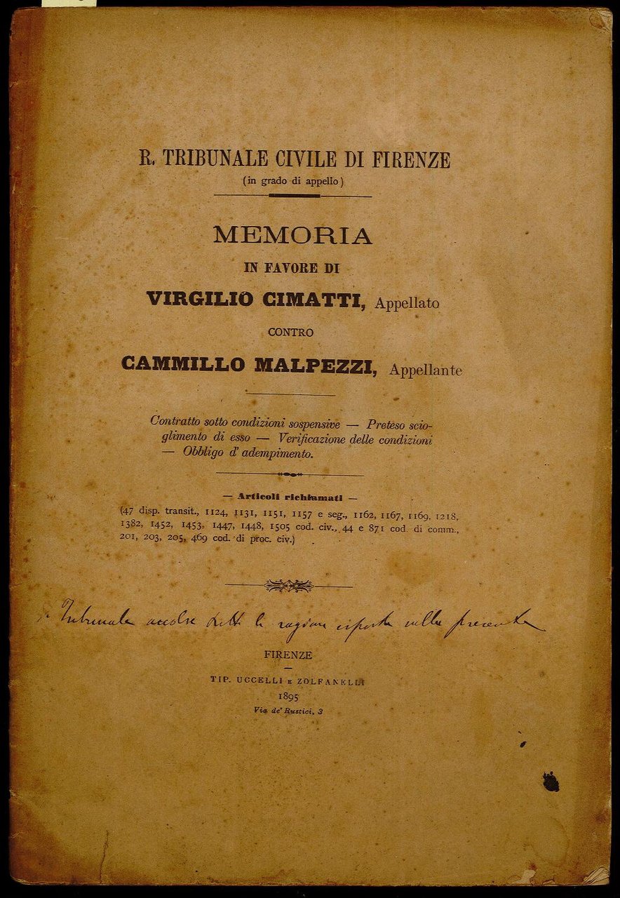 Memoria in favore di Virgilio Cimatti contro Cammillo Malpezzi