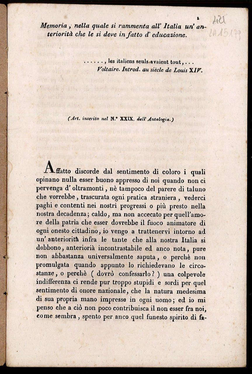Memoria nella quale si rammenta all’Italia un’anteriorità che le si …