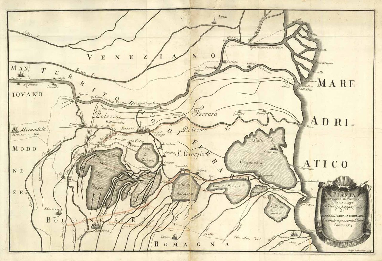 Pianta del Paese danneggiato dalle acque Nelle tre Legazioni di …