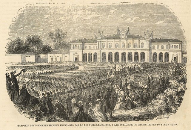 Réception des premiéres troupes francaises par le Roi Victor-Emmanuel .