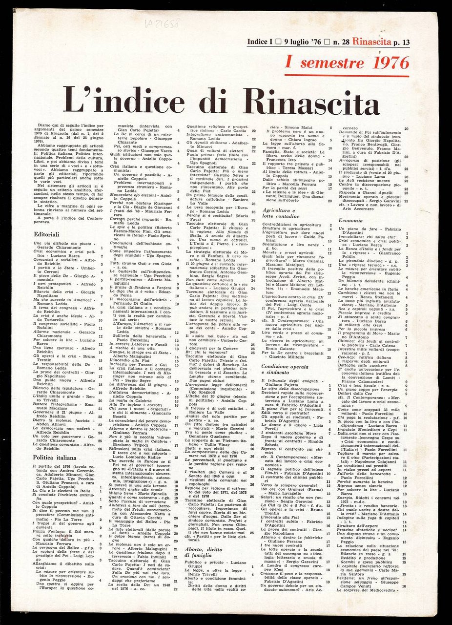 Rinascita Anno 33 indice primo semestre | Immagine principale