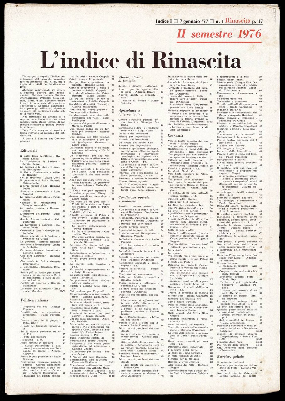 Rinascita Anno 33 indice secondo semestre | Immagine principale