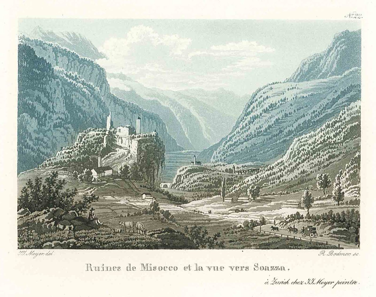 Ruines de Misocco et la vue vers Soazza.