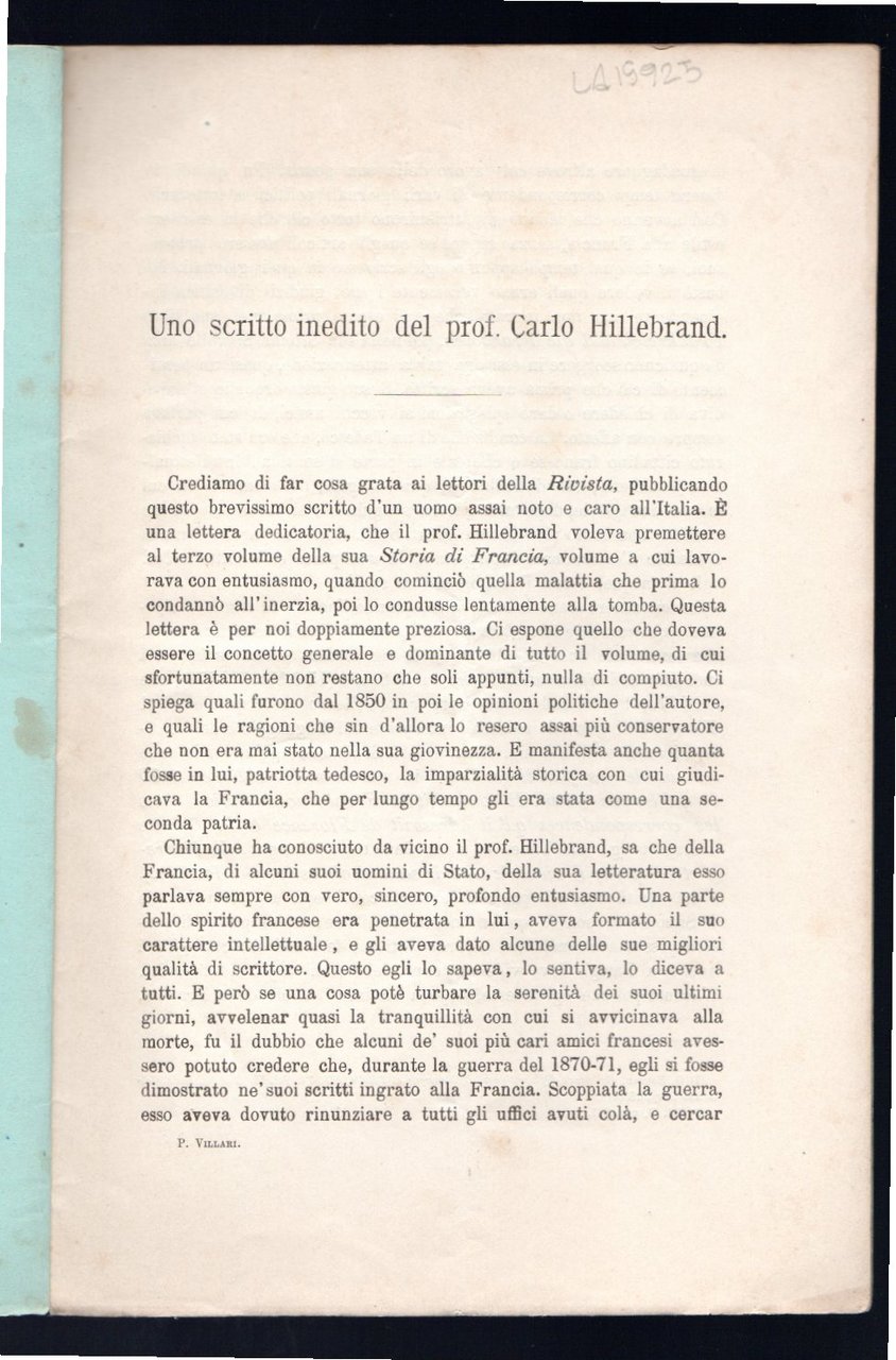 Scritto inedito del Prof. Carlo Hillebrand