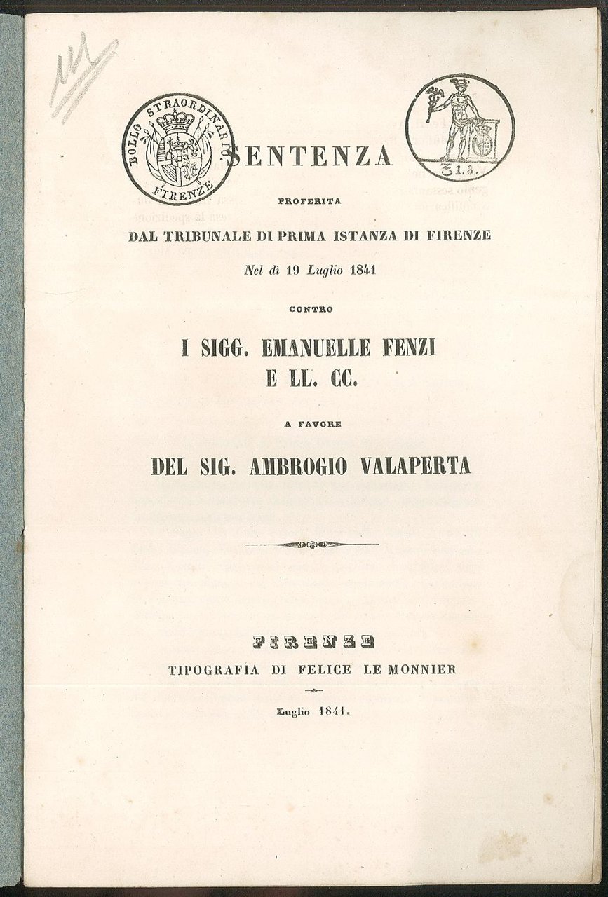 Sentenza proferita dal Tribunale di Prima istanza di Firenze contro …