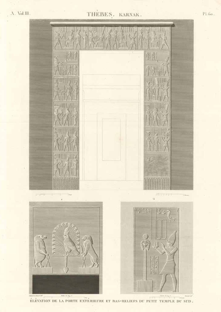 Thèbes. Karnak - Elévation de la porte extérieure et bas.rliefs …