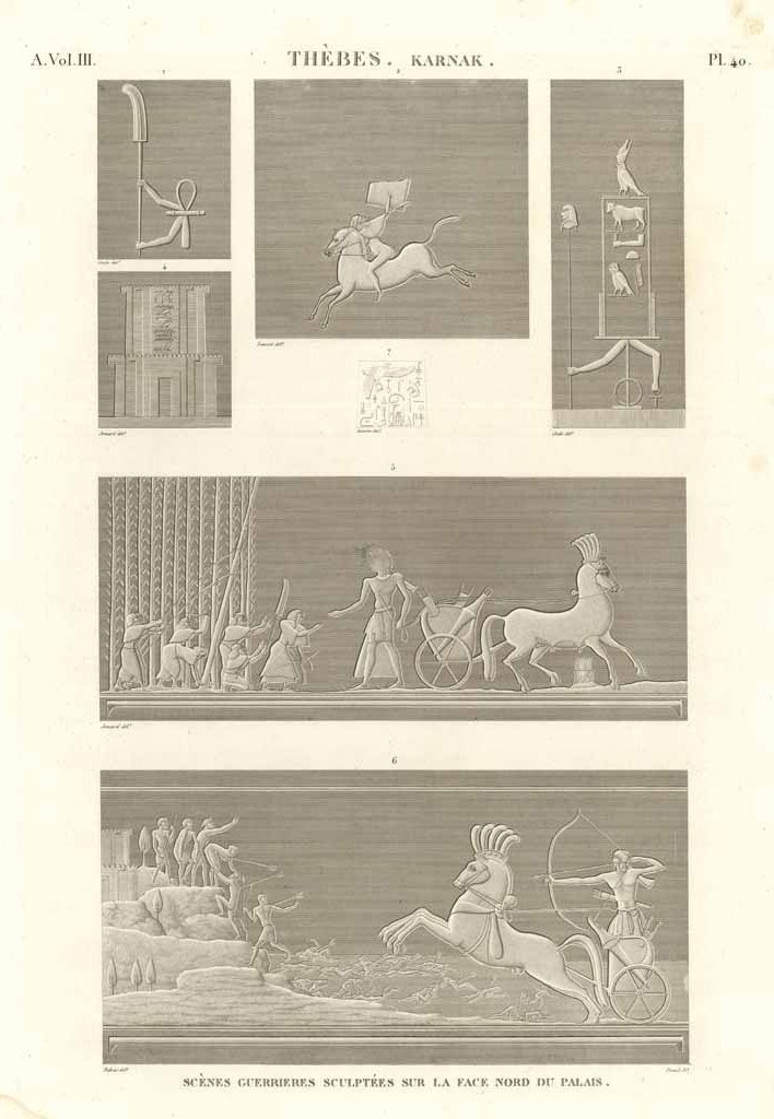 Thèbes. Karnak - Scènes guerrieres sculptées sur la face nord …