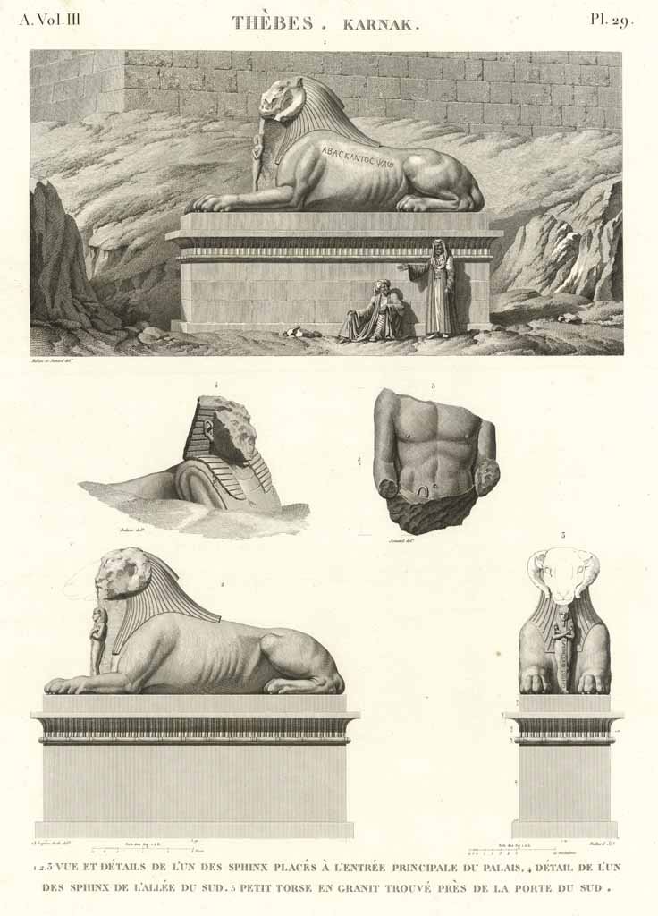 Thèbes. Karnak - Vue et détails de l'un des sphinx …