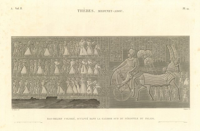 Thèbes. Medynet-Abou - Bas.relief colorié sculpté dans la galerie sud …