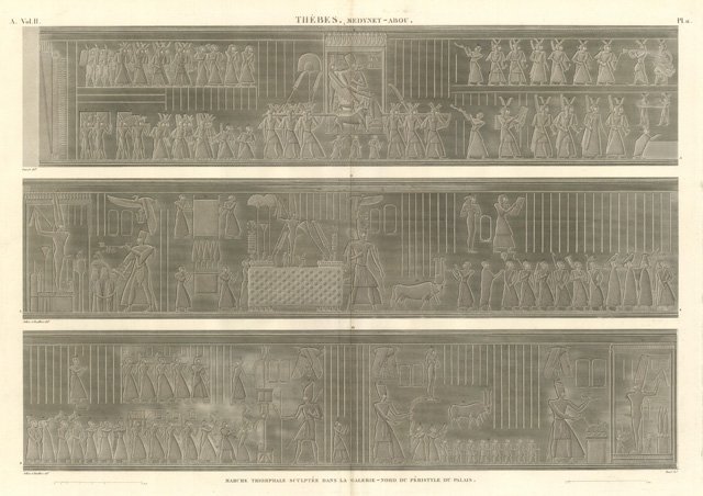 Thèbes. Medynet-Abou - Marche triomphale sculptée dans la galerie nord …