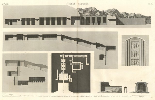 Thèbes. Memnonium - Plan et coupes df'un grand hipogée ou …