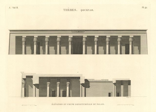 Thèbes. Qournah - Elévation et coupe longitudinale du palais