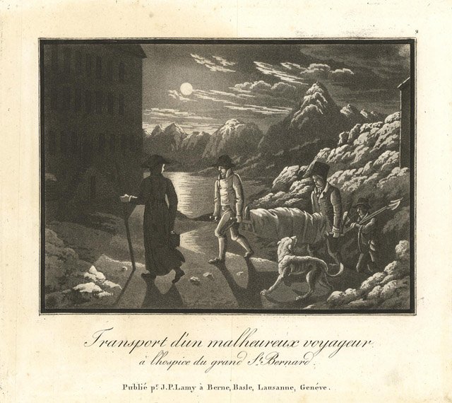 Transport d'un malheureux voyageur à l'hospice du grand St. Bernard