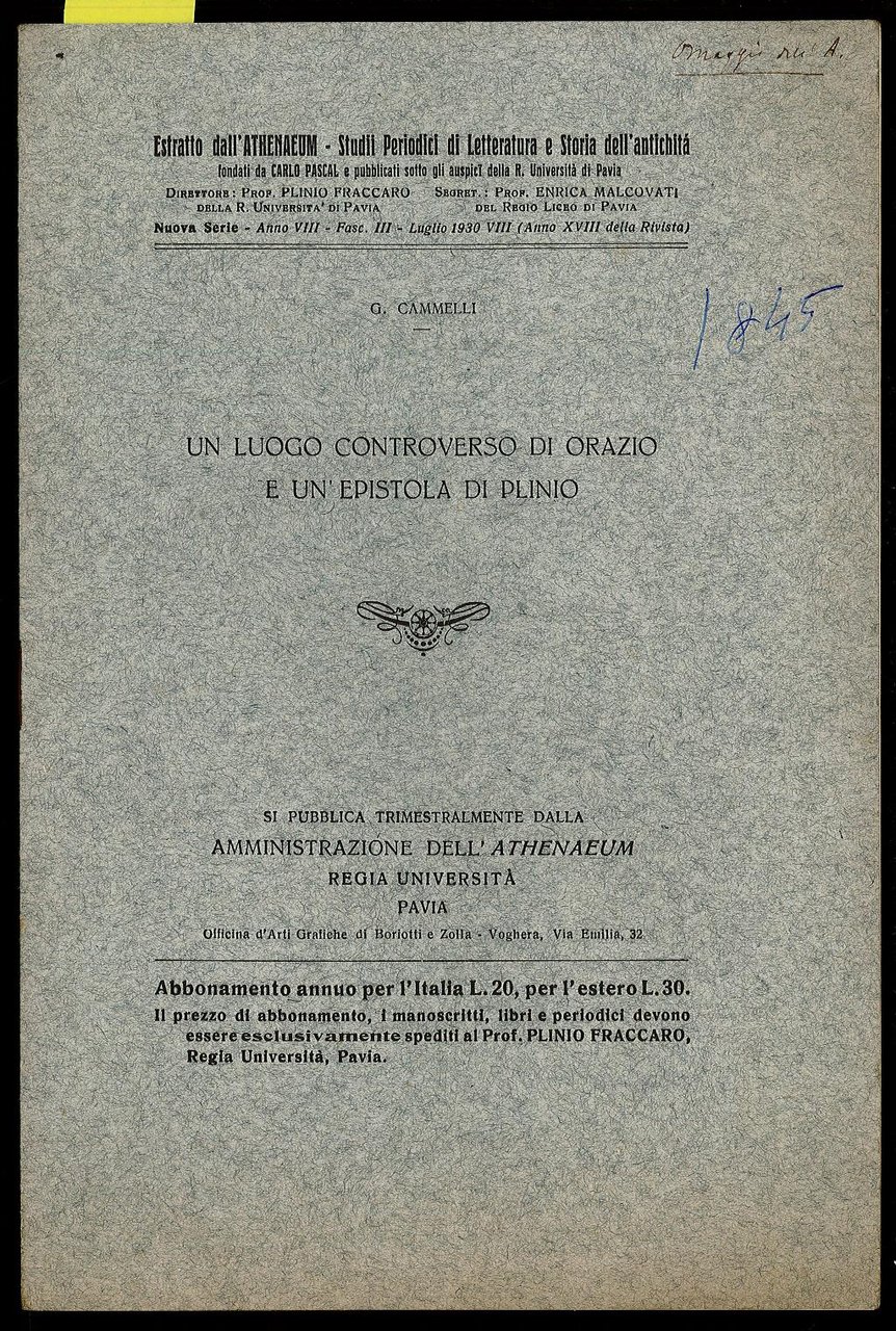 Un luogo controverso di Orazio e un'epistola di Plinio