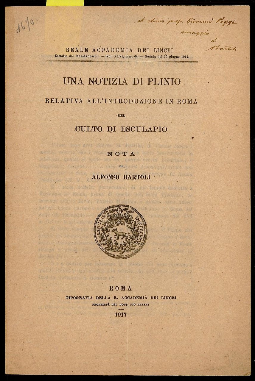 Una notizia di Plinio relativa all'introduzione in Roma del culto …