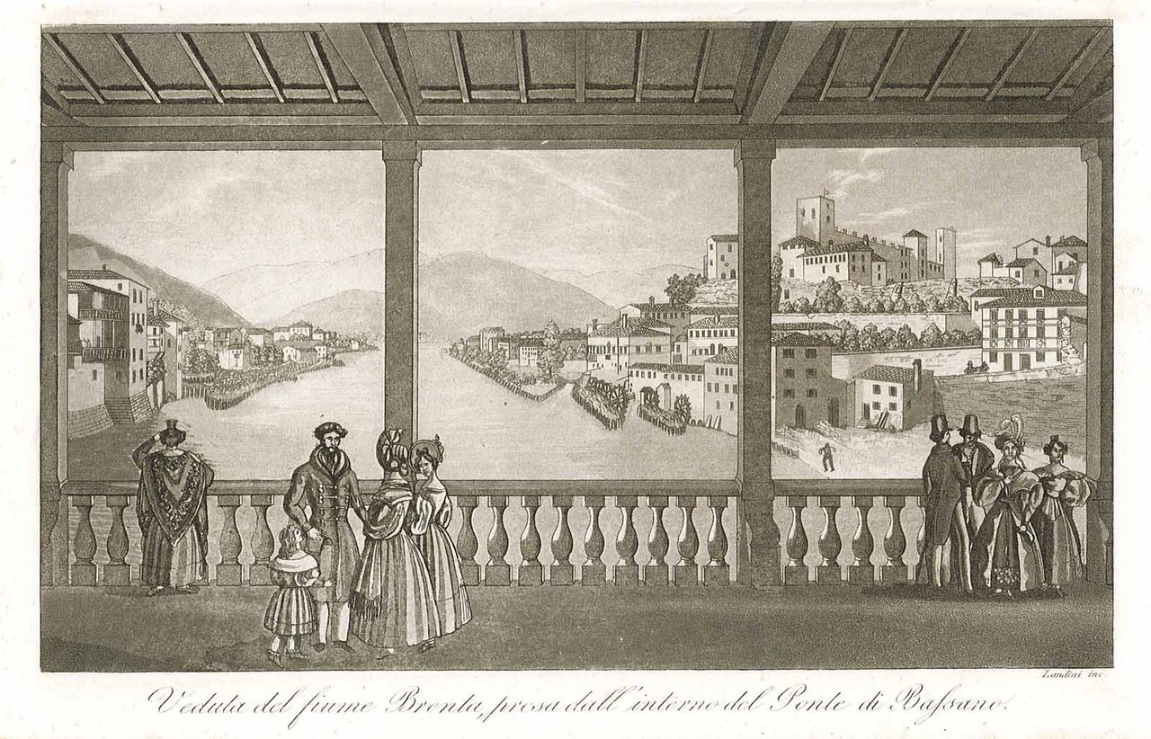 Veduta del fiume Brenta, presa dall'interno del Ponte di Bassano