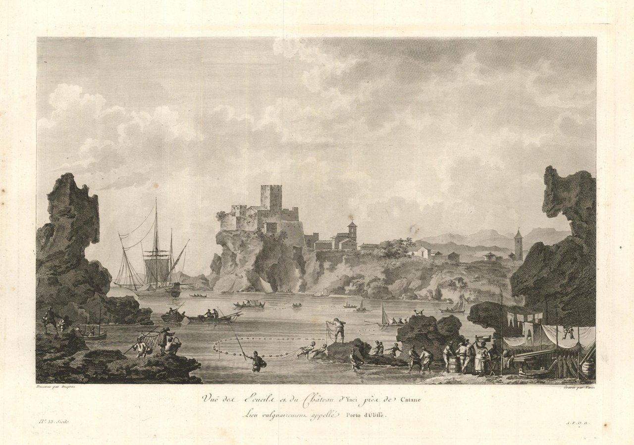 Vue des Ecueile et du Chàteau d'Yaci près de Catane …