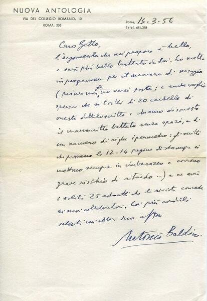 Lettera manoscritta a Giovanni Getto