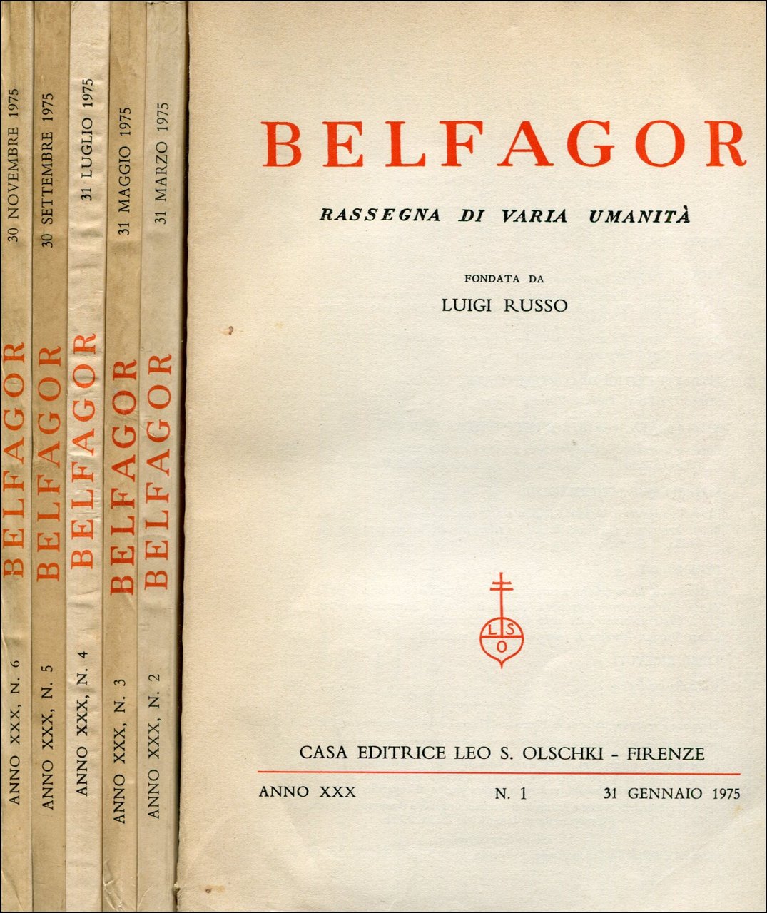 Belfagor. 1975. Anno XXX. Rassegna bimestrale, 6 fascicoli. Annata completa | Immagine principale