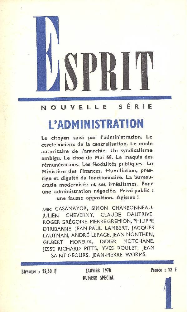 Esprit. Janvier 1970. Numero Special. L&amp;#39;administration | Immagine principale