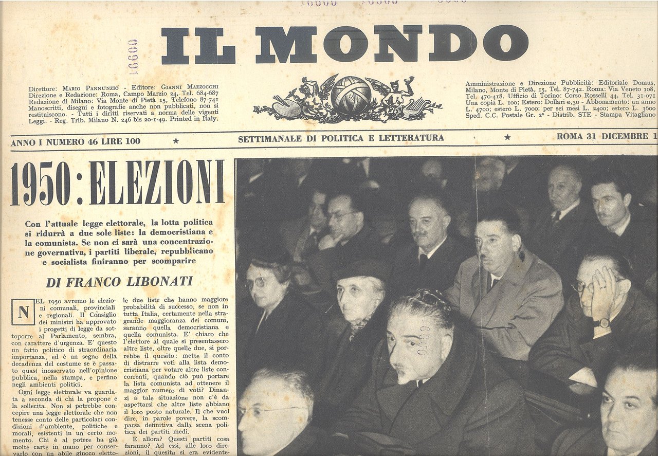 Il Mondo. 1949 n. 46 - 1952 nn. 1, 10, … | Immagine principale