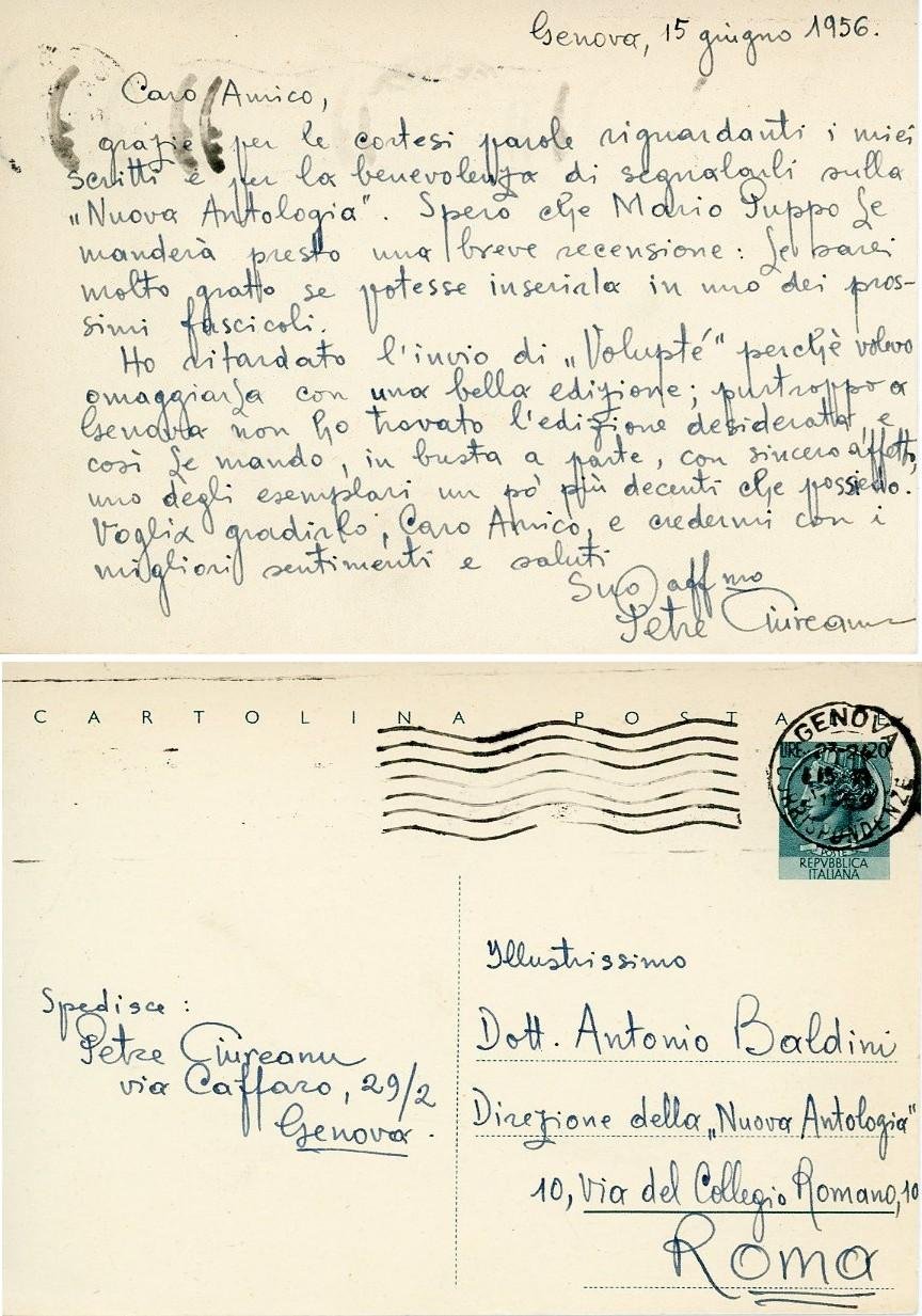 Lettera autografa su cartolina postale a Antonio Baldini, 1956 | Immagine principale