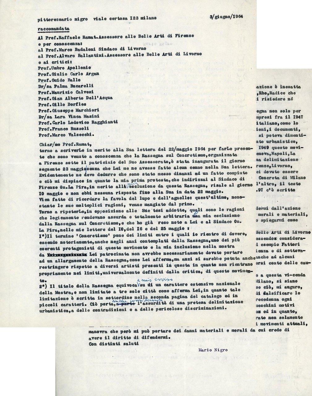 Lettera dattiloscritta con correzioni autografe a penna | Immagine principale