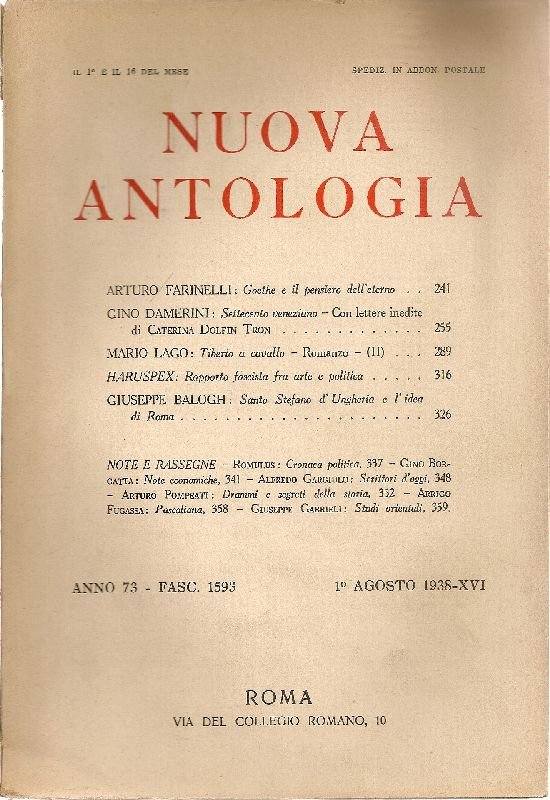 Nuova Antologia. 1 agosto 1938, Anno 73, Fascicolo 1593 | Immagine principale