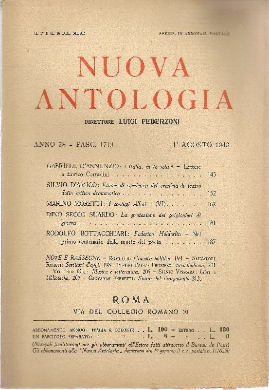 Nuova Antologia. 1 agosto 1943, Anno 78, Fascicolo 1713 | Immagine principale