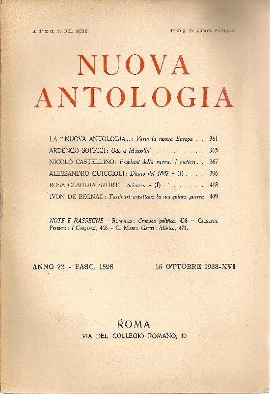 Nuova Antologia. 16 ottobre 1938, Anno 73, Fascicolo 1598 | Immagine principale