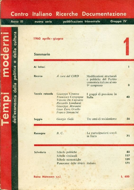 Tempi moderni. Aprile/Giugno 1960 - N.1 | Immagine principale