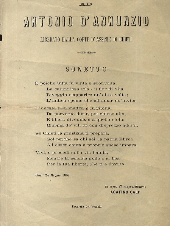 Ad Antonio D'Annunzio liberato dalla Corte d'Assise di Chieti. Sonetto …