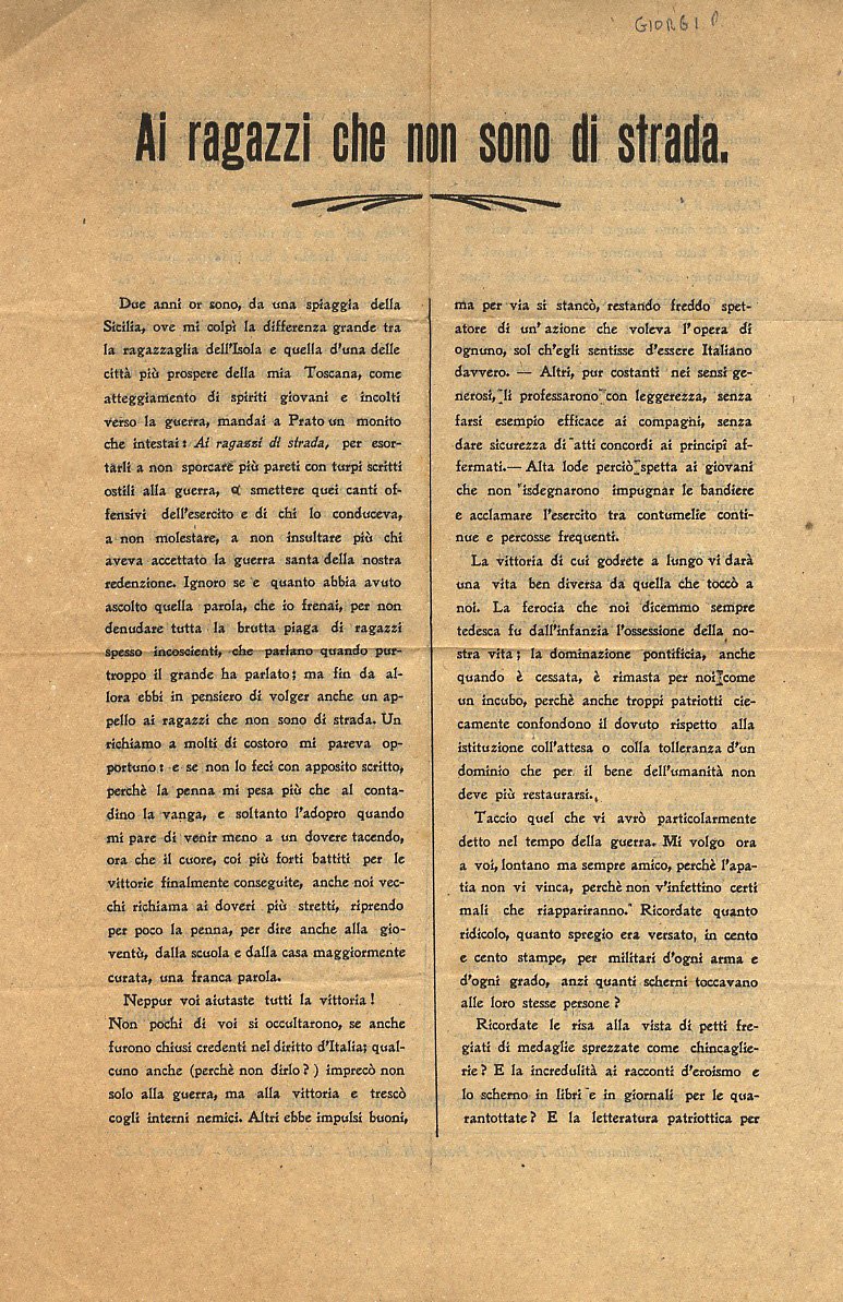 Ai ragazzi che non sono di strada.