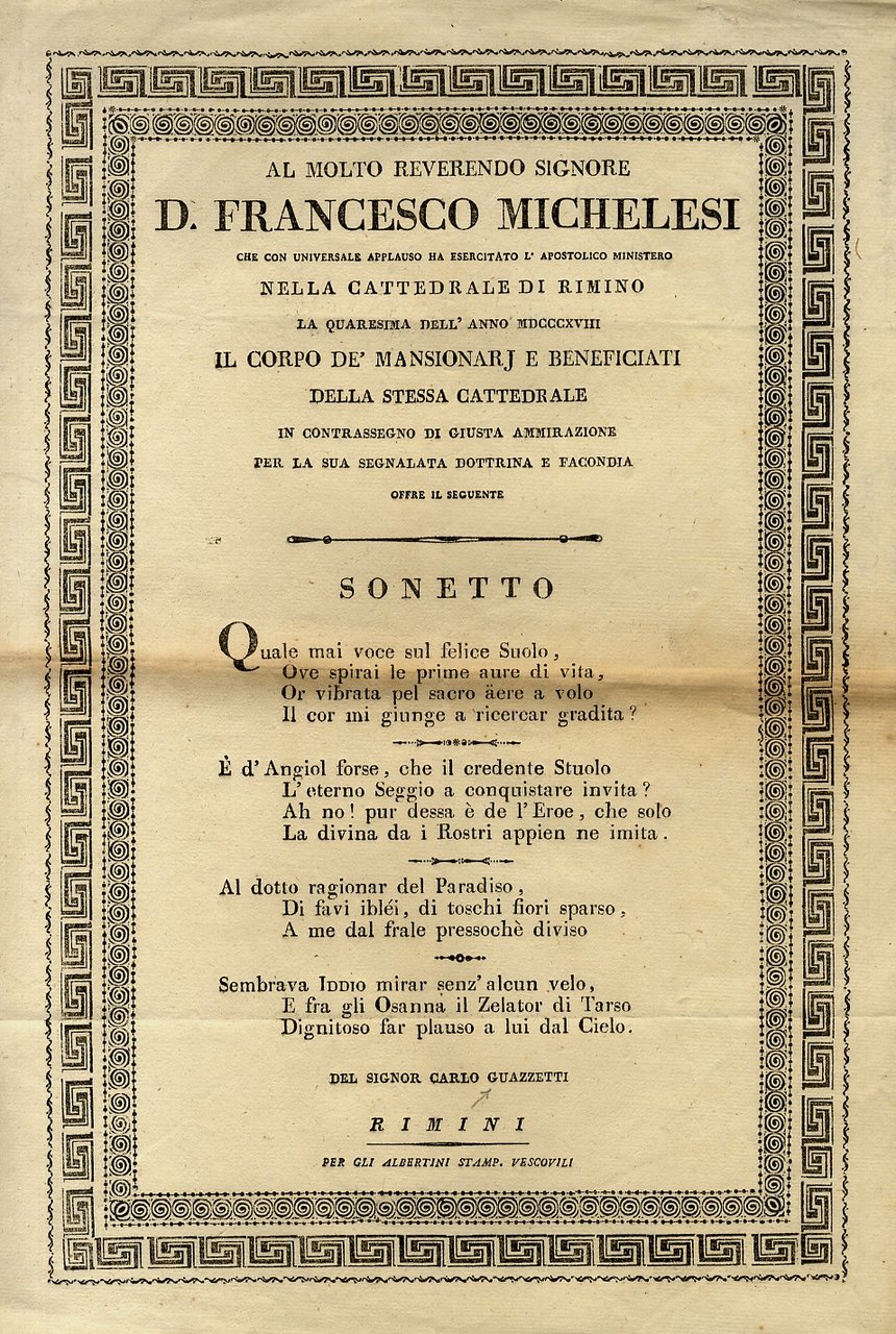 Al Molto Reverendo Signore D. Francesco Michelesi, che con universale …
