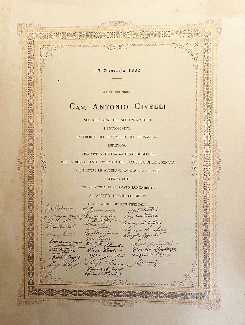 All'Egregio Signor Cav. Antonio Civelli nell'occasione del suo onomastico i …