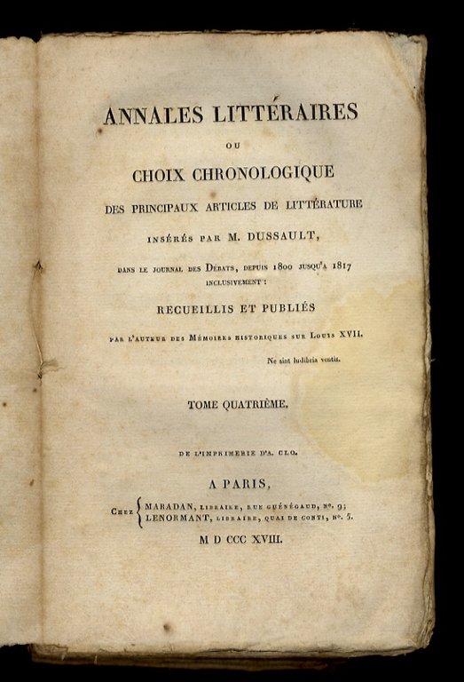 Annales littéraires. ou choix chronologique des principaux articles de littérature. …
