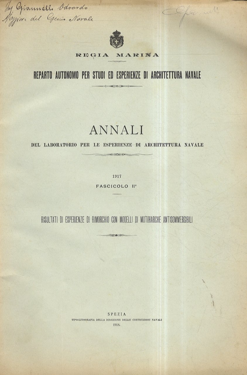 Annali del Laboratorio per le esperienze di architettura navale. 1917. …
