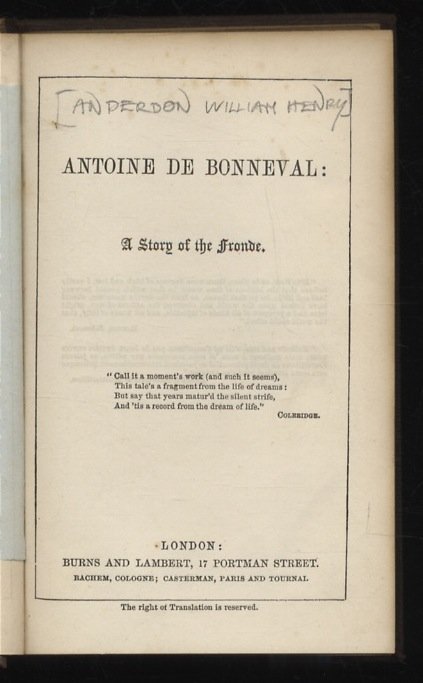 Antoine de Bonneval: A Story of the Fronde.