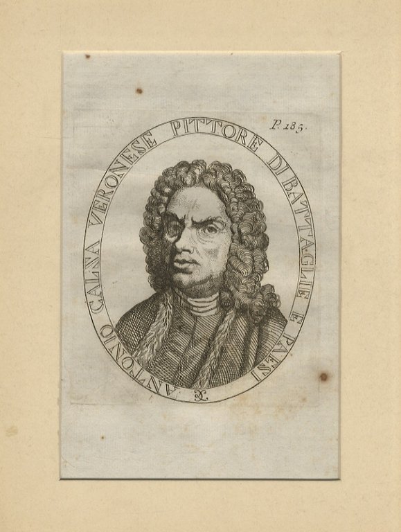 Antonio Calza veronese, pittore di battaglie. (Ritratto a mezzo. busto, di 3/4 verso sinistra, dentro un ovale con iscrizione).