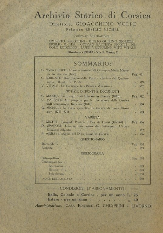 ARCHIVIO Storico di Corsica. Pubblicazione trimestrale. Direttore Gioacchino Volpe, Accademico …