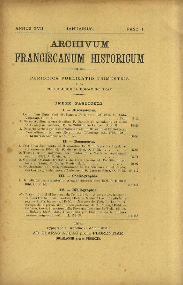 ARCHIVUM franciscanum historicum. Periodica publicatio trimestris cura pp. Collegii D. …