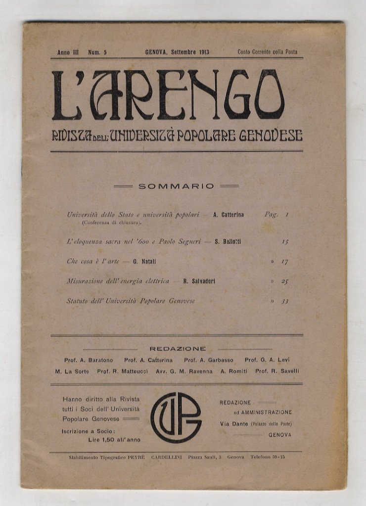 ARENGO (L'). Rivista mensile dell'Università Popolare Genovese. Anno III, num. …