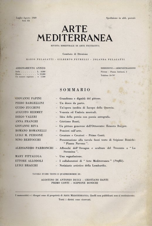 ARTE Mediterranea. Rivista bimestrale di arte figurativa. Luglio-agosto 1949.